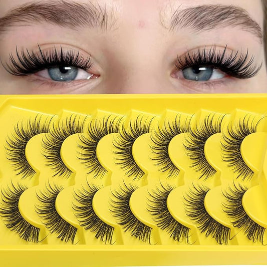 Natural Lashes Manga Eyelashes Cat Eye False Eyelashes Natural Look 18mm Anime Lashes Wispy Strip Lashes D-Curly Thin Band Unique Spikes 7 Pairs Fairy Mink Lashes Cosplay Fake Lashes