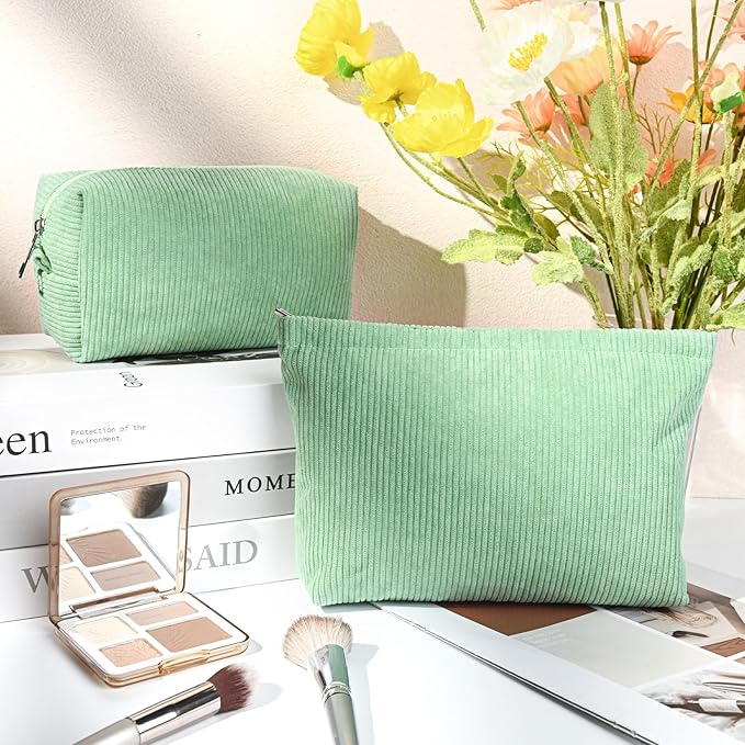 2 Pcs Corduroy Makeup Bag Large Cosmetic Bag Toiletry Bag Makeup Pouch Travel Bag Organizer Cute Makeup Brushes Aesthetic Accessories Storage Bag for Women Green