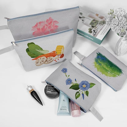 10 Pieces Cotton Canvas Makeup Bag with Bottom and Strap, Multi-Purpose Cosmetic Bag with Zipper Travel Toiletry Pouch, Blank DIY Craft Bag (Grey, XS)