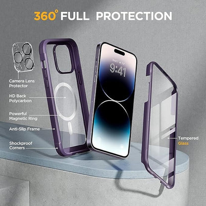 Miracase Magnetic for iPhone 14 Pro Case, [Compatible with MagSafe] [Built-in Tempered Glass Screen Protector] Full-Body Rugged Protective Case with Camera Lens Protector, Magnetic Dark Purple