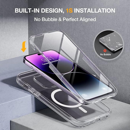 Miracase Magnetic for iPhone 14 Pro Case, [Compatible with MagSafe] [Built-in Tempered Glass Screen Protector] Full-Body Rugged Protective Case with Camera Lens Protector, Crystal Clear