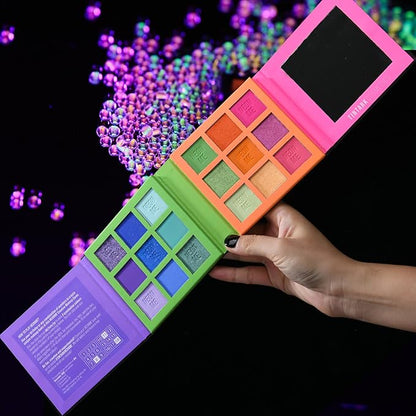 Neonme Eyeshadow Palette, 18 Fluorescent Color Glowing Eyeshadows, Rainbow Purple Blue Green Yellow Pink Eye Shadow Palettes for fun party Popular Eye Makeup, Glitter Matte Shimmer