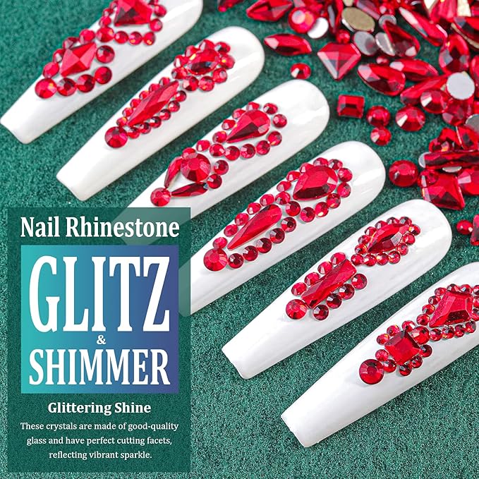 Multi Shapes Red 3D Glass Crystal Nail Art Rhinestones Kit with Flatback Round Bead Charm Gem Stone Jewelry Diamond with Pickup Pen + Tweezer for Manicure Makeup DIY Craft Decoration