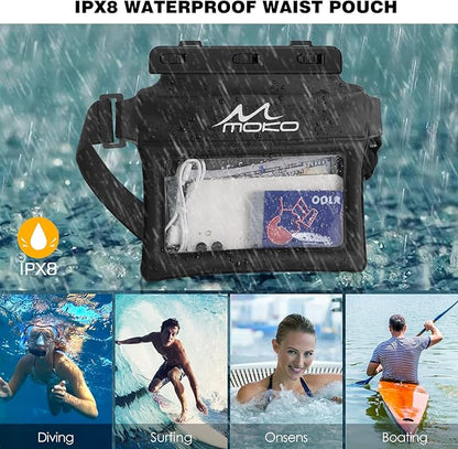 MoKo Waterproof Phone Pouch Fanny Pack, Floating Dry Bag for Swimming Kayaking Snorkeling, Compatible with iPhone 14 13 12 11 Pro Max X/Xr/Xs Max, Galaxy S21 Ultra/S9/Note 10 Plus, Black