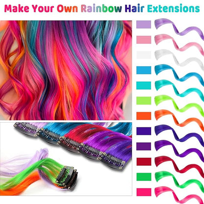 12 PCS Colored Hair Extensions for Kids, Curly Wavy Synthetic Hairpieces Clip in Rainbow Neon Party Highlights, Colorful Hair Accessories for Girls Women 17 Inch (Multi-color Set)