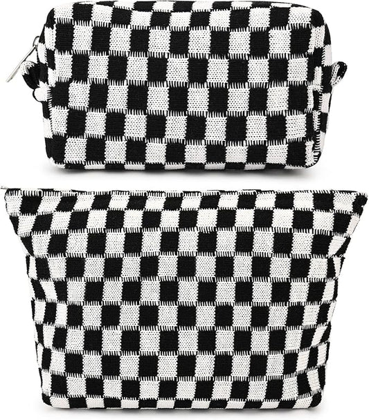 2 Pieces Black Makeup Bag Large Checkered Cosmetic Bag Capacity Canvas Mix Travel Toiletry Bag Organizer Cute Makeup Brushes Aesthetic Accessories Storage Bag for Women, Checkered Mix Black