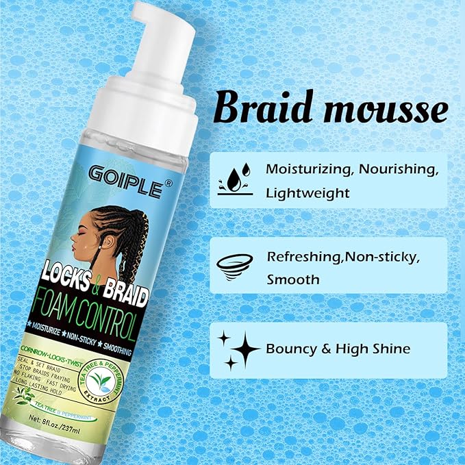 8 fl oz Braid Foam Control Mousse Braiding Mousse for Braids Twist, Locs, No Flake Extra Hold High Shine Style & Moisturizes, Hair Mousse for Braids Nourishes, Lightweight, Smooth, No Greasy Tea Tree