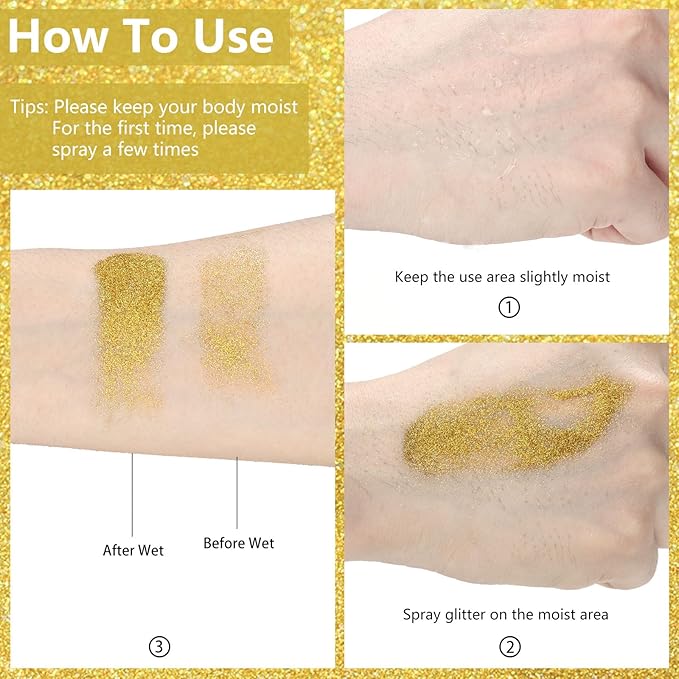 Etercycle Hair Glitter Spray, Gold Body Glitter Extra Fine Face Shimmer Powder, Long-Lasting and Quick-Drying Body Shimmer Sparkly Glitter Gifts for Clothing Stage Festival Rave Prom