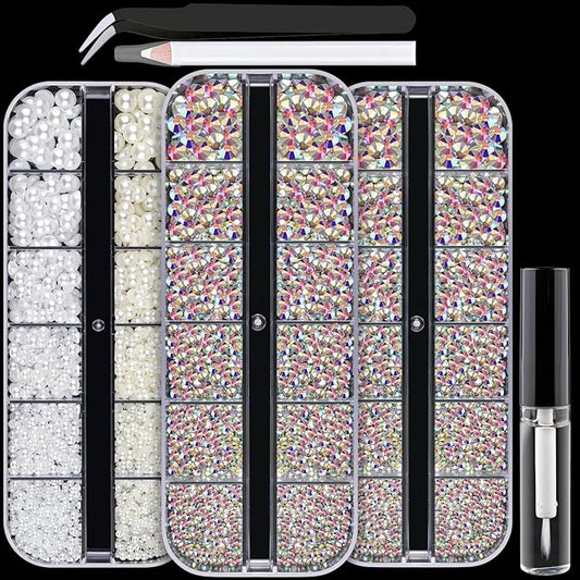 Nail Art Rhinestones Kit with Flatback Crystal (AB + AB) Gems, (White & Beige) Half Pearls with Dotting Tools, Nail Rhinestones Jewels for Manicure Makeup