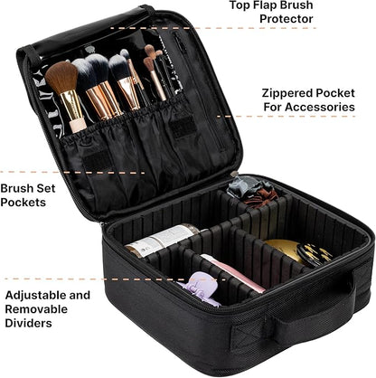 (Not Made In China) Makeup Train Case, Cosmetic Organizer Bag, Travel Make Up Storage With Adjustable Dividers For Cosmetics, Jewelry, Fragrance, Nail Polish and Brushes (1, Black, Small)