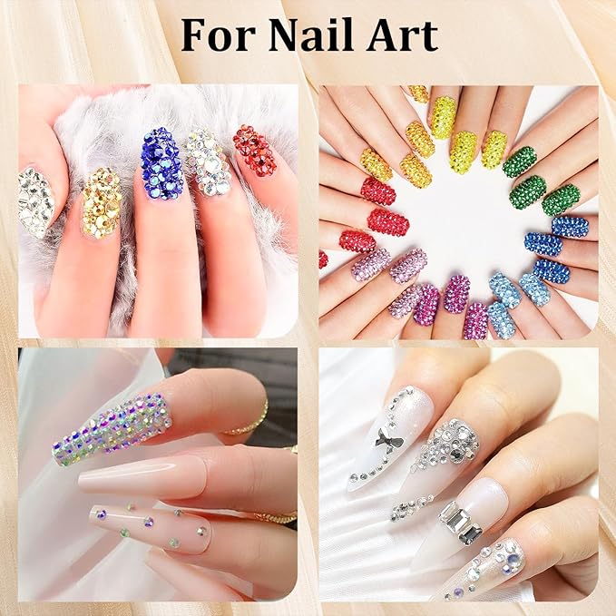 Nail Art Rhinestones Kit with Flatback Crystal (Clear + Clear) Gems, (White & Beige) Half Pearls with Dotting Tools, Nail Rhinestones Jewels for Manicure Makeup