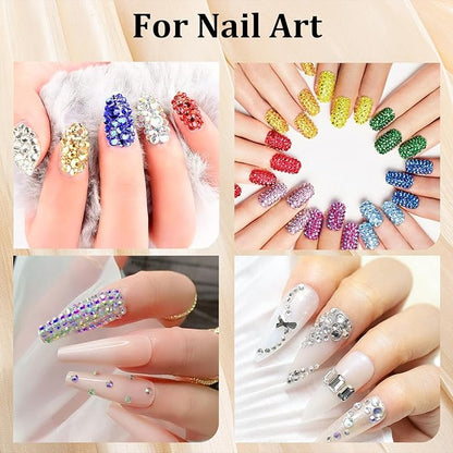 Nail Art Rhinestones Kit with Flatback Crystal (Clear + Clear) Gems, (White & Beige) Half Pearls with Dotting Tools, Nail Rhinestones Jewels for Manicure Makeup
