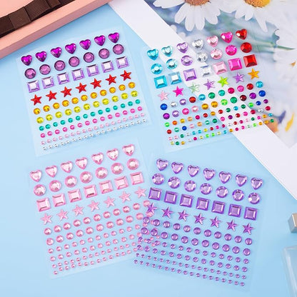 OIIKI 4 Sheets Colorful Star & Heart Face Gems, Acrylic Crystal Face Gems, Halloween Round Square Makeup Stickers - 4 Styles Rhinestones Tattoos for Women & Girls