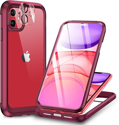 Miracase Glass Series for iPhone 11 - Full-Body Rugged Protective Case with Built-in 9H Tempered Glass Screen Protector and Camera Lens Protector, Wine Red