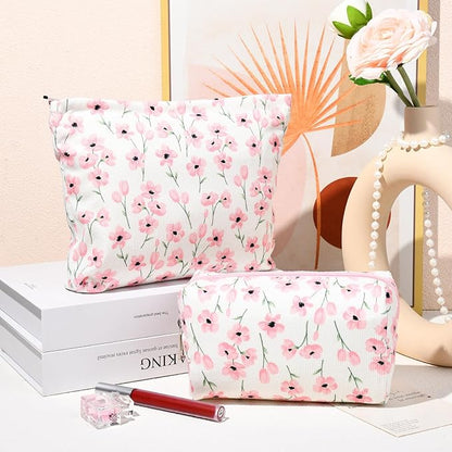 2 Pieces Flower Makeup Bag Large Floral Cosmetic Bag Capacity Canvas Mix Travel Toiletry Bag Organizer Cute Makeup Brushes Aesthetic Accessories Storage Bag for Women, Flower Mix Pink