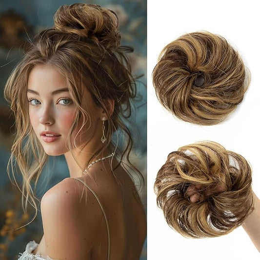 1 PCS Messy Bun Hair Piece Real Human Hair Thick Updo Wavy Curly Chignon Ponytail Hair Extensions Hair Bun Hairpieces for Women Girls (#4/27 Medium Brown/Dark Blonde)
