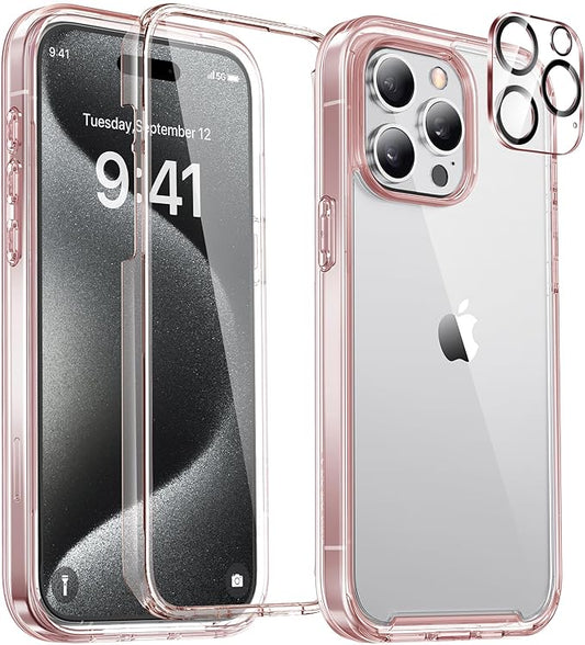 Miracase Glass Series for iPhone 15 Pro Max Case 6.7 Inch, Full-Body Drop Proof Phone Case for iPhone 15 Pro Max with Built-in 9H Tempered Glass Screen Protector + Camera Protector, Clear Pink
