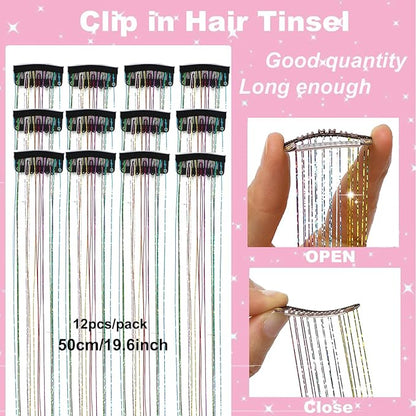 12Pcs Hair Tinsel Clip in Glitter Tinsel Hair Extensions 19.6Inch Clip in Hair Tinsel Kit Heat Resistant Shiny Sparkly Fairy Hair Accessories for Women Girls Kids (Colorful)