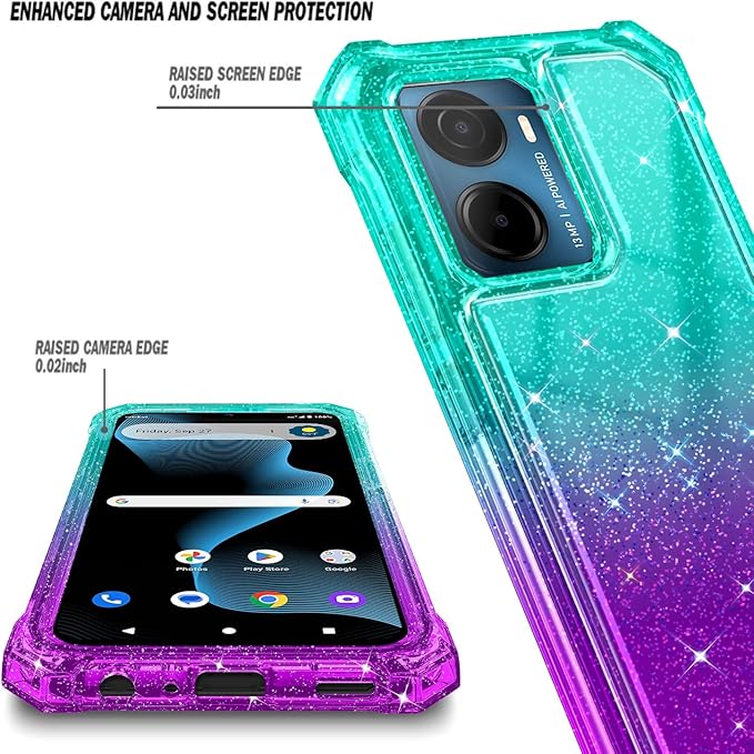 for Cricket Magic 2 5G Case (2024), AT&T Propel 2 5G with [Built-in Screen Protector], [9FT Military Grade Drop Tested] Full-Body Protective Shockproof Bumper Case (Glitter Aqua/Purple)
