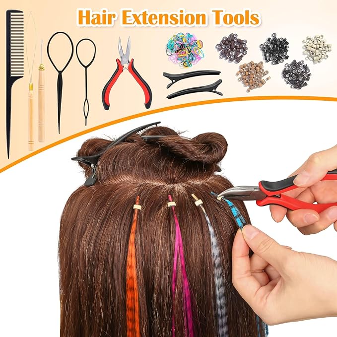 65 Pcs Hair Feathers with Hair Extension Tools, 13 Colors Long Straight Synthetic Hair Feather Extensions Kit with Microlink Beads for Women Girls Kids Daily Parties Festival