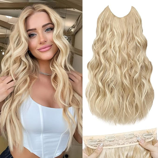 MORICA Invisible Wire Hair Extensions - 20 Inch Hair Extensions Halo Ash Blonde Mix Bleach Blonde Long Wavy Synthetic Hairpiece with Transparent Wire Adjustable Size, 4 Secure Clips for Women