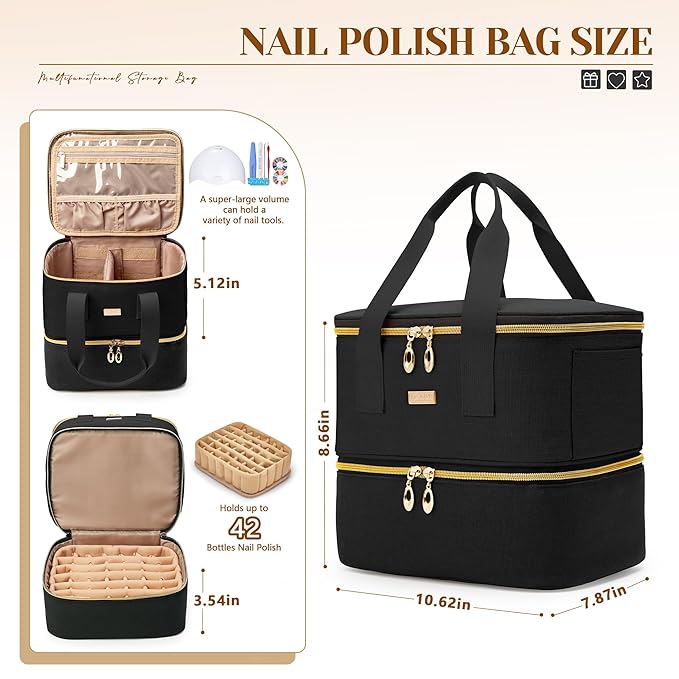 Nail Polish Organizer, Double Layer Nail Organizer and Storage Box Holds 42 Bottles & Nail Tech Kit Supplies, Large Capacity Nail Polish Organizer Case Carrying Bag, Black, BM007