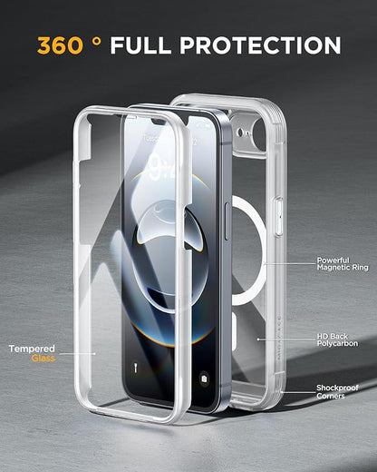 Miracase Magnetic for iPhone 16e Case Full-Body Phone with Built-in Glass Screen Protector, [Compatible with MagSafe] Military Drop Proof 16E Cover Bumper 6.1 inch, Matte Clear