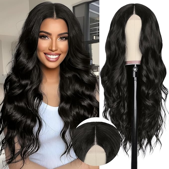 NAYOO Long Black Wavy Wig for Women 26 Inch Middle Part Lace Hairline Curly Wavy Wig Natural Looking Synthetic Heat Resistant Fiber for Daily Party Use