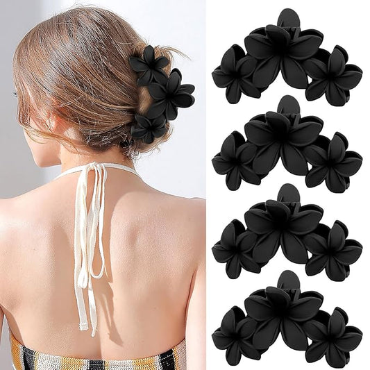 4PCS Matte Flower Hair Clips - Non-Slip Large Plumeria Clips for Thick Hair, Strong Hold for Women and Girls (Black)