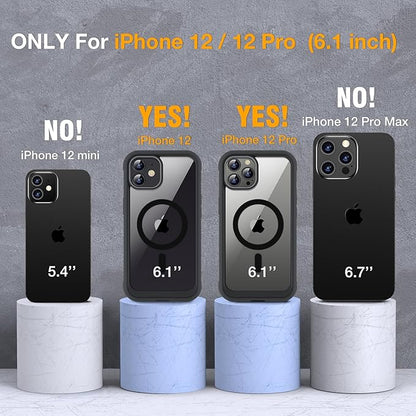 Miracase Magnetic Glass Series for iPhone 12/12 Pro - Full-Body Rugged Protective Case with Built-in 9H Tempered Glass Screen Protector and Camera Lens Protector, Magnetic Black