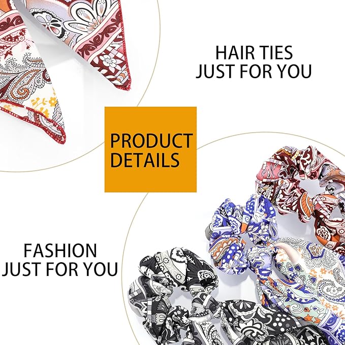 Paisley Scrunchie Scarfs Large Hair Bow Scrunchies Chiffon Hair Scarf Ties Long Tail Ponytail Holders Bandana Scrunchy Ribbons Fashion Hair Scarves Bows Bands Accessories for Women with 6PCS