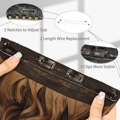 MORICA Invisible Wire Hair Extensions - 20 Inch Honey Blonde Mixed Light Brown Long Wavy Synthetic Hairpiece with Transparent Wire Adjustable Size, 4 Secure Clips for Women