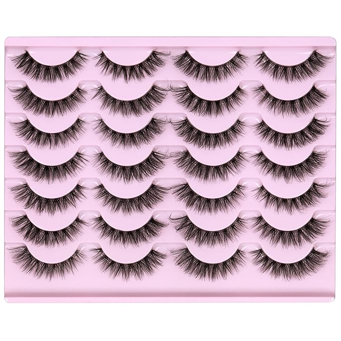 Newcally Lashes Mink False Eyelashes Natural Look Wispy Clear lash Band Fake Eyelashes Volume 3D Curly Strip Volume Cat Eye Lashes Pack 14 Pairs