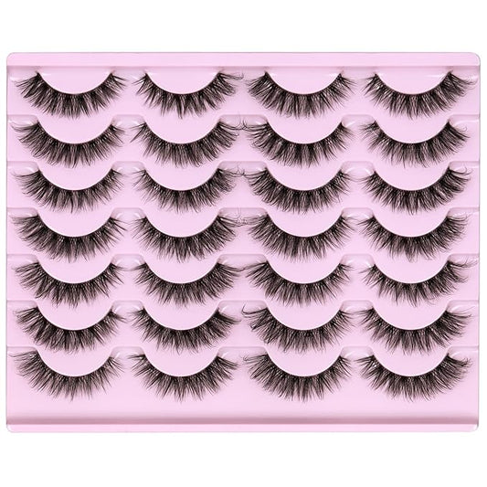 Newcally Lashes Mink False Eyelashes Natural Look Wispy Clear lash Band Fake Eyelashes Volume 3D Curly Strip Volume Cat Eye Lashes Pack 14 Pairs