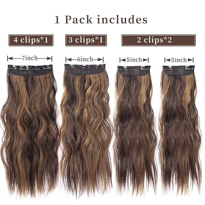 4PCS Clip in Hair Extensions for Women Brown Highlighted Caramel Blonde Long Wavy Thick Hair Extensions Clip in Double Weft Hair Extension for Daliy Use (4pcs, 20Inch, H2/426#)
