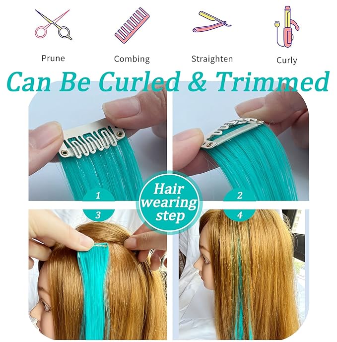 12 PCS Colored Hairpieces, Multi-colors Party Highlights Clip in Hair Heat-Resistant Synthetic Hair Extensions 20 Inch (Teal)