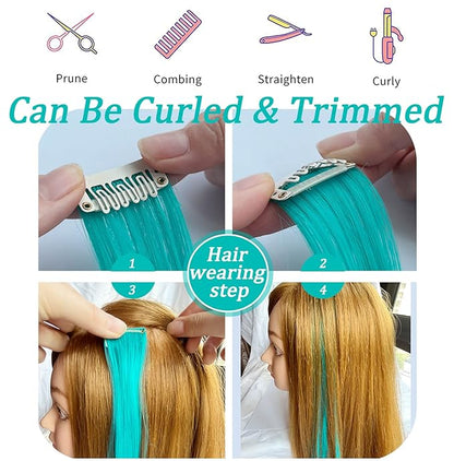 12 PCS Colored Hairpieces, Multi-colors Party Highlights Clip in Hair Heat-Resistant Synthetic Hair Extensions 20 Inch (Teal)