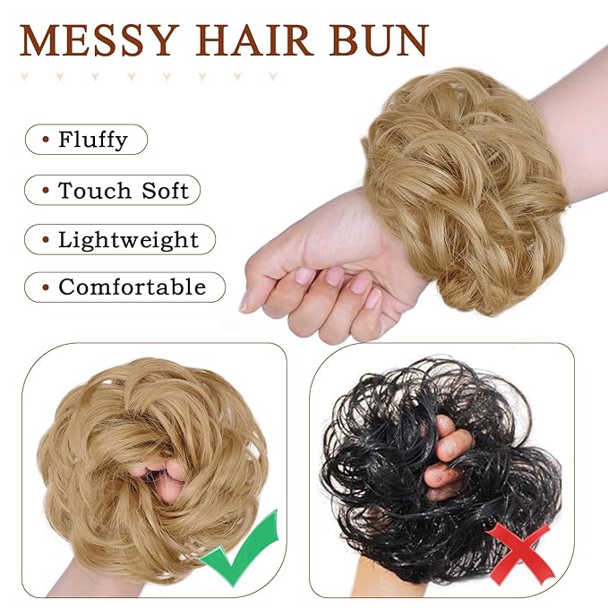 MORICA 1PCS Messy Hair Bun Hair Scrunchies Extension Curly Wavy Messy Bun Hair Synthetic Chignon Hairpieces for Women(24(Natural Blonde))