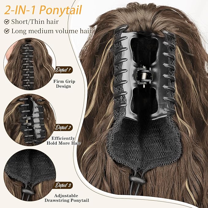 ORSUNCER Ponytail Extension Claw 26" Curly Pony Tail Clip in Claw Hair Extensions Fluffy Natural Looking Synthetic Hairpiece for Women