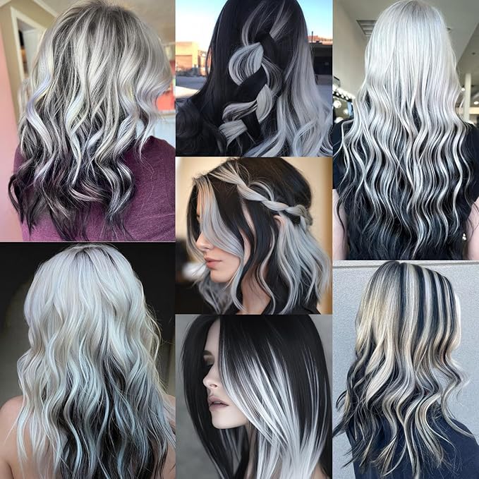 22 inch Colored Hair Extensions, Multi-colors Party Highlights Clip in Synthetic Hair Extensions, Color Party Highlights Hairpieces for Girls Women(10 PCS Black)