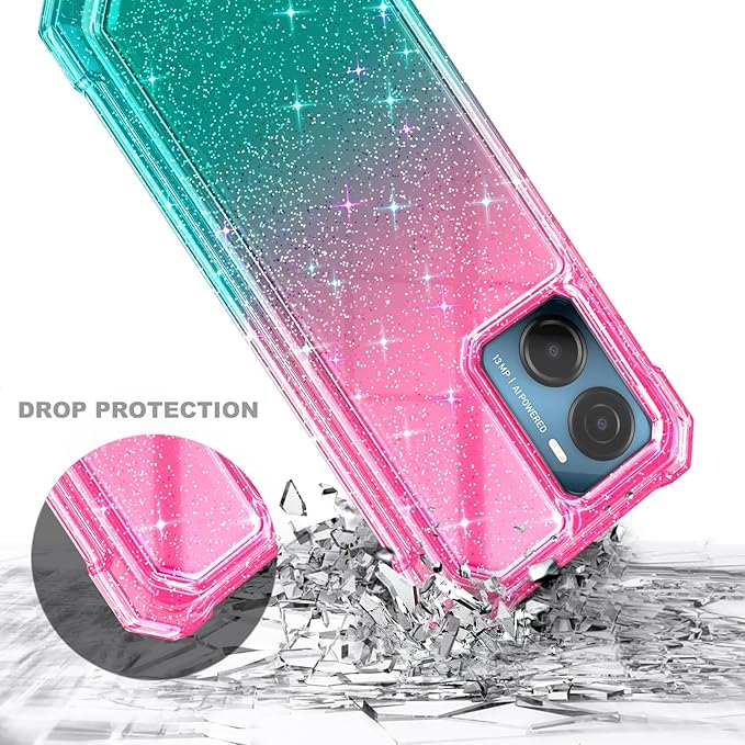 for Cricket Magic 2 5G Case (2024), AT&T Propel 2 5G with [Built-in Screen Protector], [9FT Military Grade Drop Tested] Full-Body Protective Shockproof Bumper Case (Glitter Pink/Aqua)