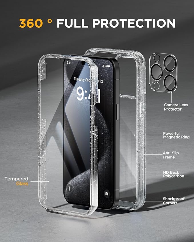 Miracase for iPhone 15 Pro Case Full-Body Built-in Glass Screen Protector& Camera Protector, Military Drop Proof 15 Pro Phone Cover 6.1 inch, Clear Glitter