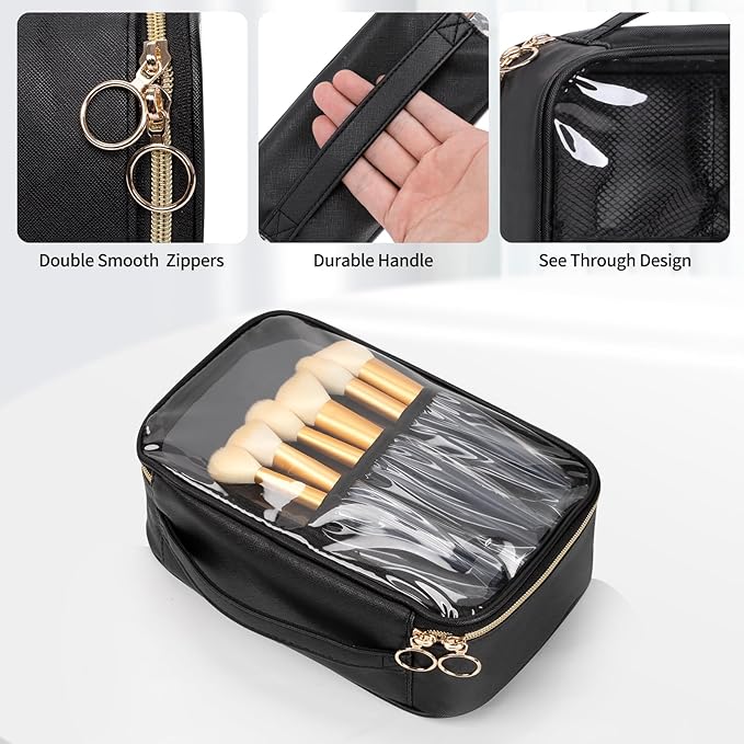 OCHEAL Clear Makeup Bag, Portable Cosmetic Bag Storage, Travel Makeup Bag Cute Clear Pouch For Women and Girls Cosmetics Bags with Divider Makeup Brush Compartment-Black PU Large