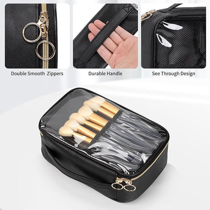 OCHEAL Clear Makeup Bag, Portable Cosmetic Bag Storage, Travel Makeup Bag Cute Clear Pouch For Women and Girls Cosmetics Bags with Divider Makeup Brush Compartment-Black PU Large