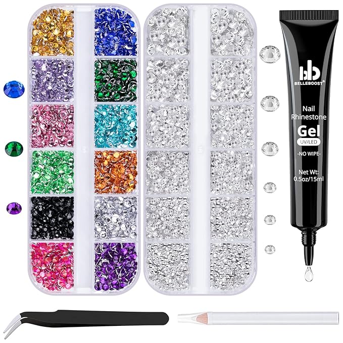 Nail Art Rhinestone Glue Gel&2 Boxes Flatback Gems Kit, 1 Tube of 15ml Rhinestone Gel Glue(UV/LED Needed)+Colorful Gems+Flat-Back Round Glass Crystal Clear Gemstones with Pickup Tools