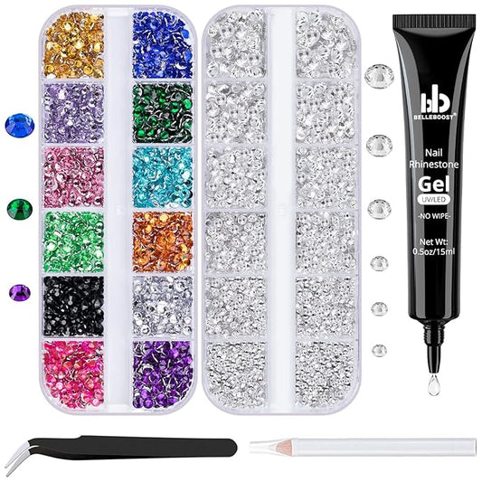 Nail Art Rhinestone Glue Gel&2 Boxes Flatback Gems Kit, 1 Tube of 15ml Rhinestone Gel Glue(UV/LED Needed)+Colorful Gems+Flat-Back Round Glass Crystal Clear Gemstones with Pickup Tools