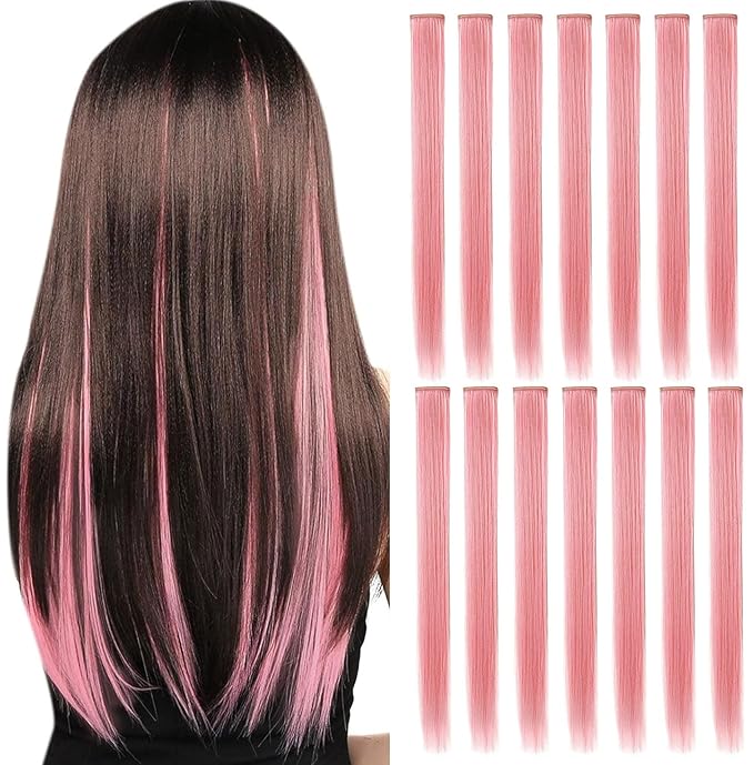 14 PCS Princess Party Highlights Clip in Smoky Pink Hair Extensions Christmas Costumes Wig for Woman(Light Pink)