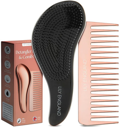 Lily England Detangling Comb & Hair Brush Set - Wide Tooth Comb for Curly, Straight, Thick, Fine & Wet Hair - Gentle & Pain-Free Detangler for Women & Kids - Lightweight Haircare Tools, Rose-Gold