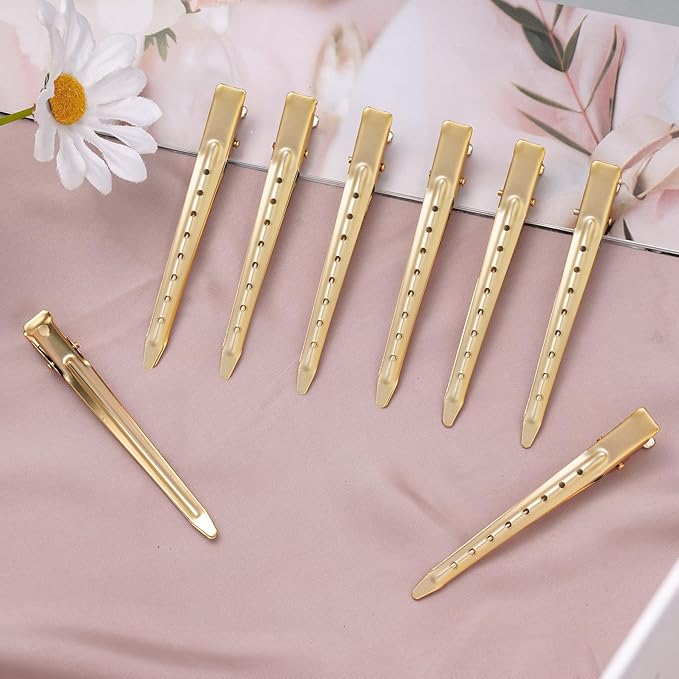 24 Packs Duck Bill Clips, Bantoye 3.35 Inches Rustproof Metal Alligator Curl Clips with Holes for Hair Styling, Hair Coloring, Matte Gold
