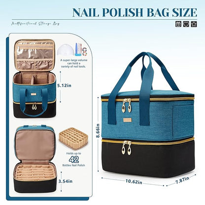 Nail Polish Organizer - Double Layer Storage Box Holds 42 Bottles & Nail Tech Kit Supplies, Large Capacity Case Carrying Bag